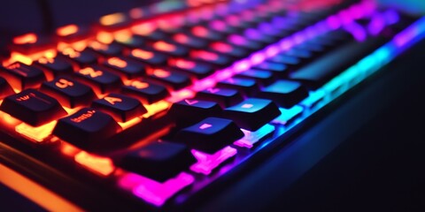 A colorful, illuminated keyboard, close-up.