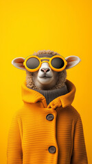 Fototapeta premium illustration of anthropomorphic cute sheep wearing stylish yellow jacket and sunglasses against yellow background.