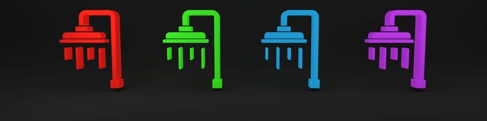 Colorful Shower head with water drops flowing icon isolated on black background. Minimalism concept. 3D render illustration