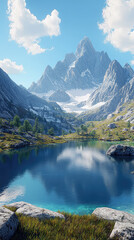 Fototapeta premium A serene mountain lake mirrors the majestic peak, a breathtaking scene of natural beauty and peace.