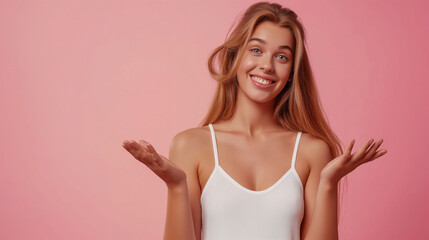 Fototapeta premium Charming female lady open hands palm up holding something on isolated pink background. Asian cute Pretty people looking copy space.