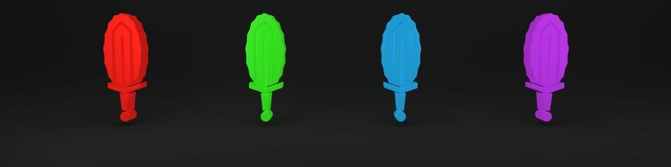 Colorful Magic sword in fire icon isolated on black background. Fiery sword. Magic weapon of knight, sorcerer, magician. Fire spell. Burning blade. Minimalism concept. 3D render illustration