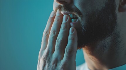 Fototapeta premium Hand Tightly Gripping Jaw in Visible Discomfort from Tooth Pain