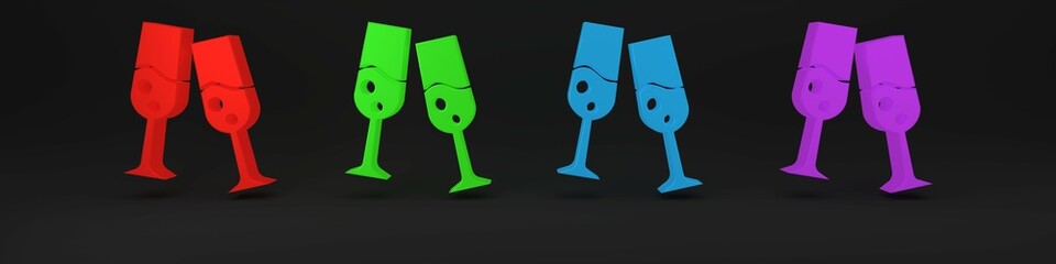 Colorful Glass of champagne icon isolated on black background. Merry Christmas and Happy New Year. Minimalism concept. 3D render illustration