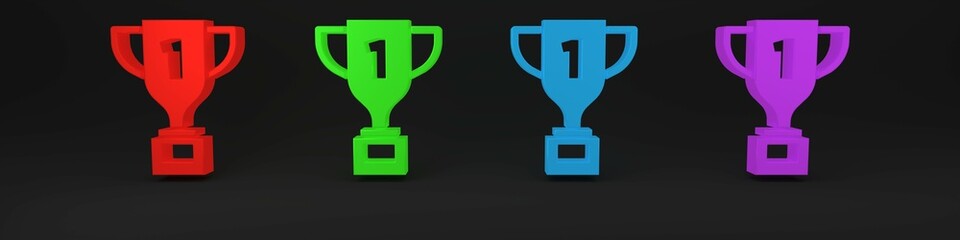 Colorful Award cup icon isolated on black background. Winner trophy symbol. Championship or competition trophy. Sports achievement sign. Minimalism concept. 3D render illustration