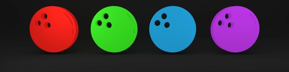 Colorful Bowling ball icon isolated on black background. Sport equipment. Minimalism concept. 3D render illustration