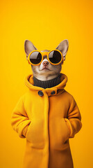illustration of anthropomorphic cute puppy  wearing stylish yellow jacket and sunglasses against yellow background..