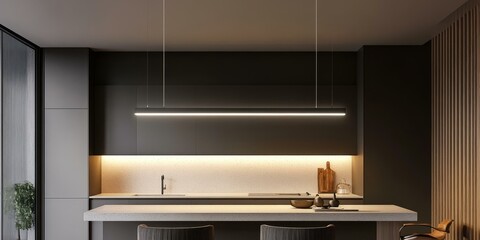 Modern kitchen with sleek lighting and island.
