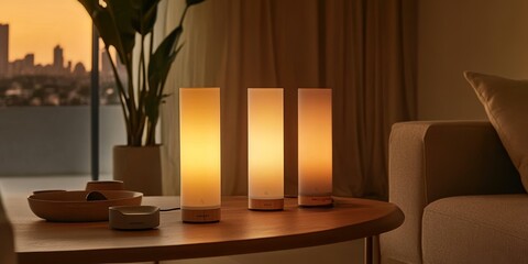 Three lamps on a wooden table with a couch.
