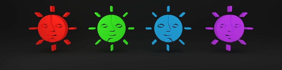 Colorful Sun icon isolated on black background. Minimalism concept. 3D render illustration