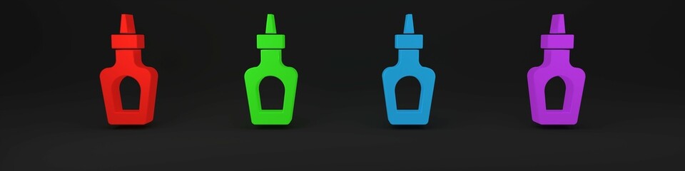 Colorful Sauce bottle icon isolated on black background. Ketchup, mustard and mayonnaise bottles with sauce for fast food. Minimalism concept. 3D render illustration