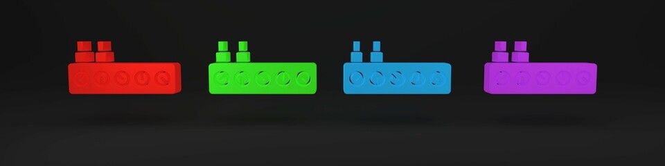 Colorful Sound mixer controller icon isolated on black background. Dj equipment slider buttons. Mixing console. Minimalism concept. 3D render illustration