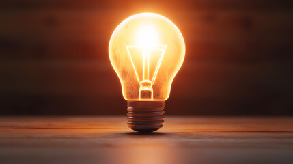 A glowing light bulb illuminating a wooden surface, symbolizing creativity, innovation, and bright ideas.