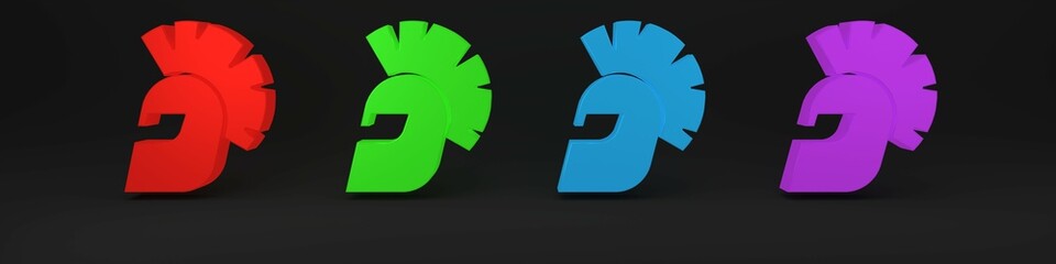 Colorful Greek helmet icon isolated on black background. Antiques helmet for head protection soldiers with a crest of feathers or horsehair. Minimalism concept. 3D render illustration