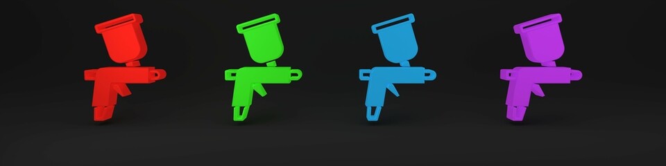 Colorful Paint spray gun icon isolated on black background. Minimalism concept. 3D render illustration