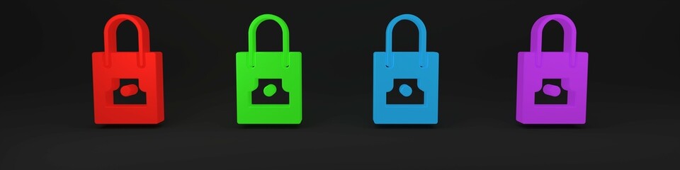 Colorful Paper shopping bag with spray can nozzle cap icon isolated on black background. Minimalism concept. 3D render illustration