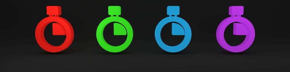 Colorful Stopwatch icon isolated on black background. Time timer sign. Chronometer sign. Minimalism concept. 3D render illustration