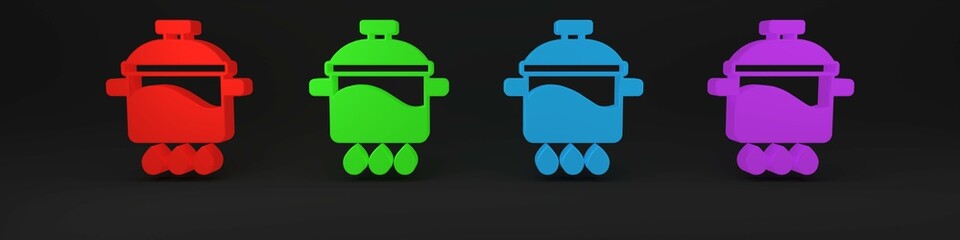 Colorful Cooking pot icon isolated on black background. Boil or stew food symbol. Minimalism concept. 3D render illustration