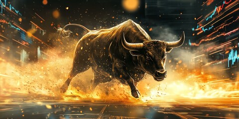 Fiery bull charges through digital cityscape.