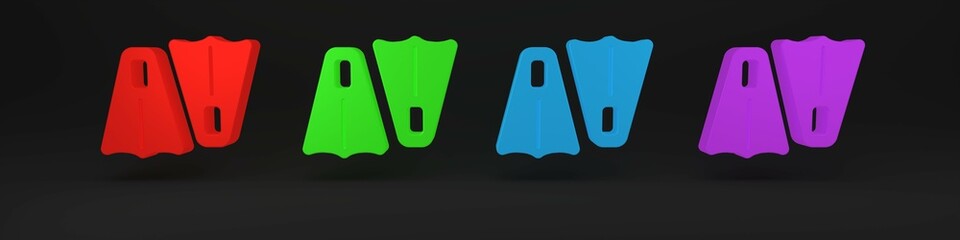 Colorful Rubber flippers for swimming icon isolated on black background. Diving equipment. Extreme sport. Sport equipment. Minimalism concept. 3D render illustration © Vadim