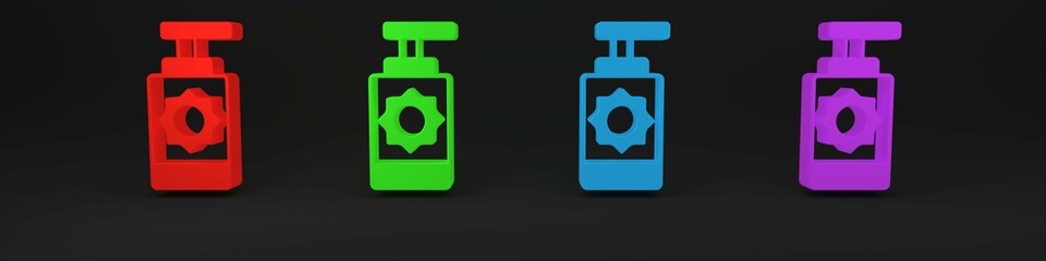 Colorful Sunscreen spray bottle icon isolated on black background. Protection for the skin from solar ultraviolet light. Minimalism concept. 3D render illustration