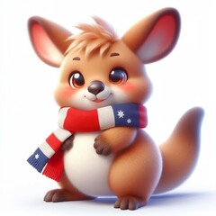 cute 3d fluffy Kangaroo character with Australia style scarf, white background