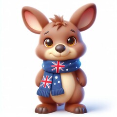 cute 3d fluffy Kangaroo character with Australia style scarf, white background