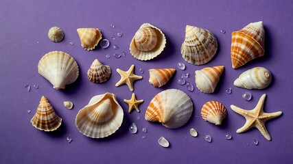 collection of various small seashells on violet aesthetic background