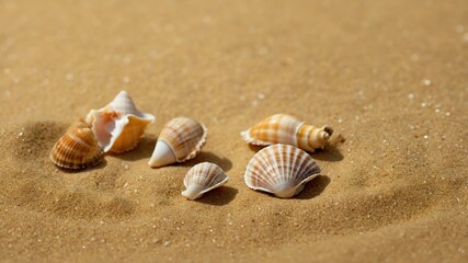 collection of various small seashells on gold aesthetic background