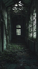 Fototapeta premium Nature Reclaims: A Haunting Glimpse Into An Abandoned Asylum Hallway