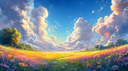 Colorful Japan Meadow: A Serene Tapestry of Wildflowers and Sky - colorful japan meadow very Beautiful
