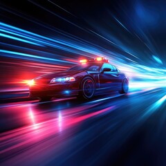 Naklejka premium A dynamic image of a police car racing through neon lights, showcasing speed and urgency in a vibrant urban environment.