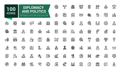 Diplomacy And Politics collection. Bundle of outline icons related to international relations. Minimalist thin linear web ui icon set. Simple editable vector stroke illustration.