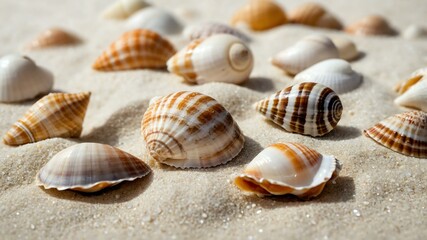 collection of various small seashells on  white aesthetic background