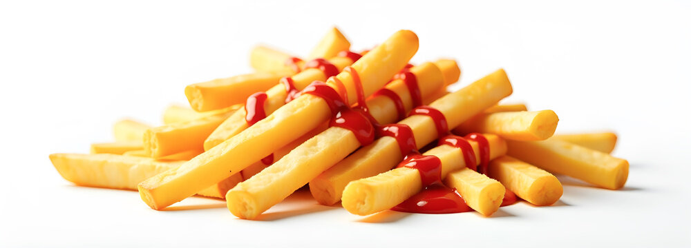 illustrazione con tante gustose croccanti patatine fritte e salsa ketchup su superficie bianca