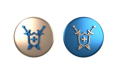 Colorful Medieval shield with crossed swords icon isolated on white background. Circle button. 3D render illustration