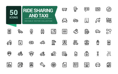 Ride sharing and taxi icon set. Car rental service and sharing. Pixel perfect, minimalistic web and UI icon. Outline icon collections. Editable vector illustration.