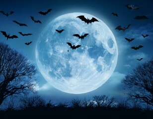 Chilling Halloween Sky: Full Moon and Bats
