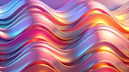 Obraz premium 3D futuristic render of neon waves in dark purple, orange, red, and golden tones. Wallpaper header for business technology presentation concept, abstract 3d wave background backdrop
