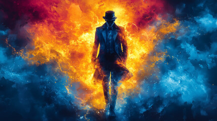 Mystical figure walking through flames and smoke