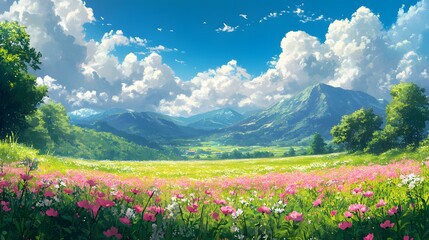 Fototapeta premium Vibrant Blooms and Majestic Peaks in a Colorful Japan Meadow - colorful japan meadow very Beautiful