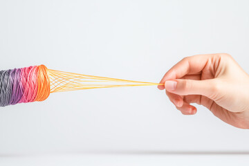 A hand pulling a vibrant thread from a spinning spool, showcasing creativity and craftsmanship in a serene setting.
