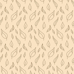 Seamless pattern featuring simple, minimalist leaf outlines on a beige background, perfect for wallpaper, textiles or decorative use. Vector repeat surface
