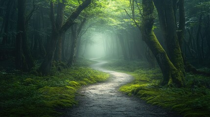 Fototapeta premium Enchanted foggy forest with a winding path, moss-covered trees, and ethereal light creating a mystical atmosphere