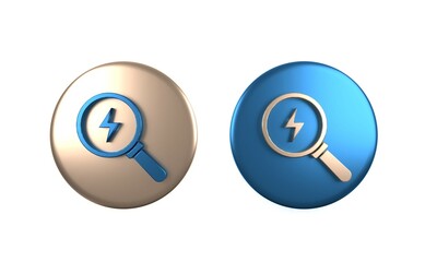 Colorful Magnifying glass with lightning bolt icon isolated on white background. Flash sign. Charge flash. Thunder bolt. Lighting strike. Circle button. 3D render illustration