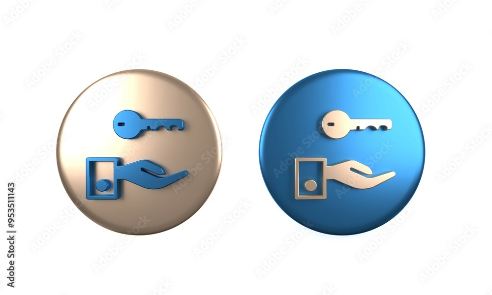 Poster colorful hotel door lock key icon isolated on white background. circle button. 3d render illustratio