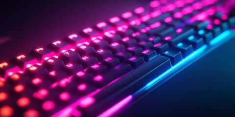 A glowing keyboard with pink and blue lights.