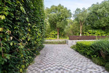 A beautifully landscaped urban garden with a paved pathway, bordered by a tall hedge on one side and a variety of shrubs and trees on the other.  Background of a peaceful public outdoor green space.
