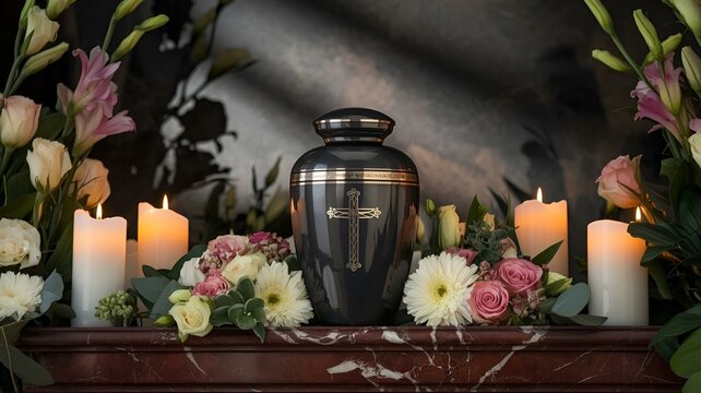 Elegant urn surrounded by fresh flowers and candlelight in a church, representing a serene and respectful memorial service for a loved one
