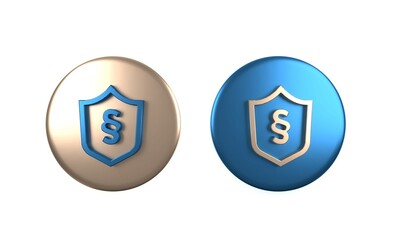 Colorful Justice law in shield icon isolated on white background. Circle button. 3D render illustration